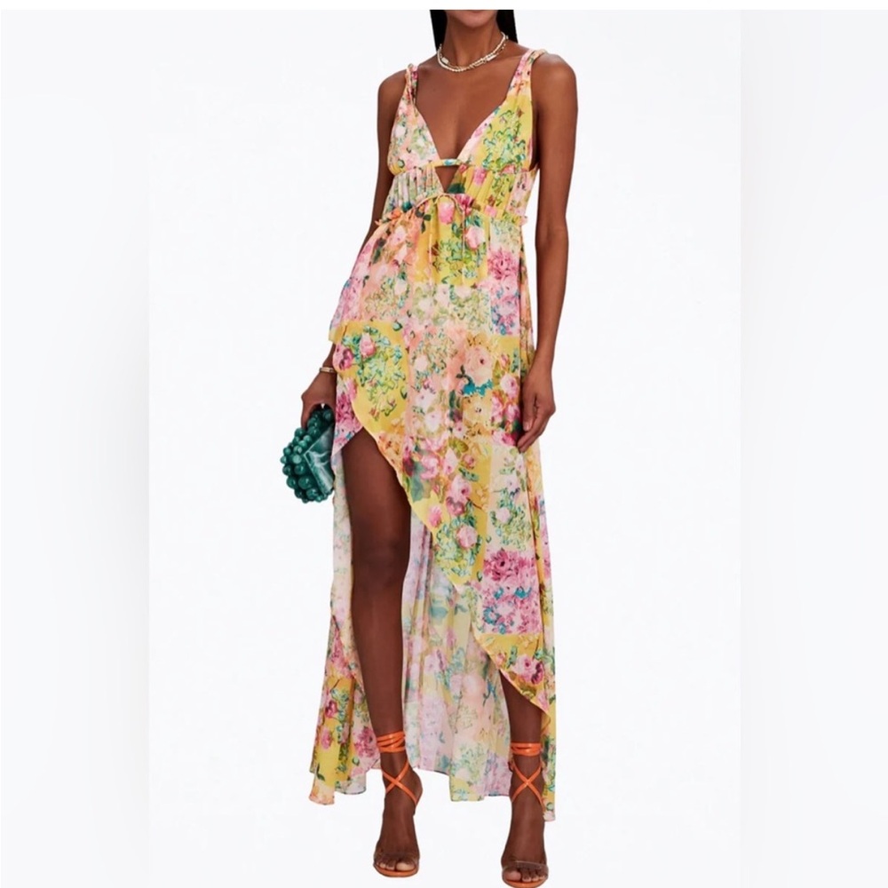 For Love & Lemons Madison Asymmetrical Floral Chiffon Bodysuit Maxi Dress NWT
